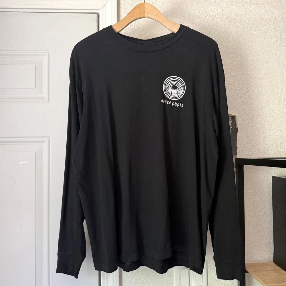 SPACE PUPIL black cotton graphic crew neck long sleeve tee t-shirt